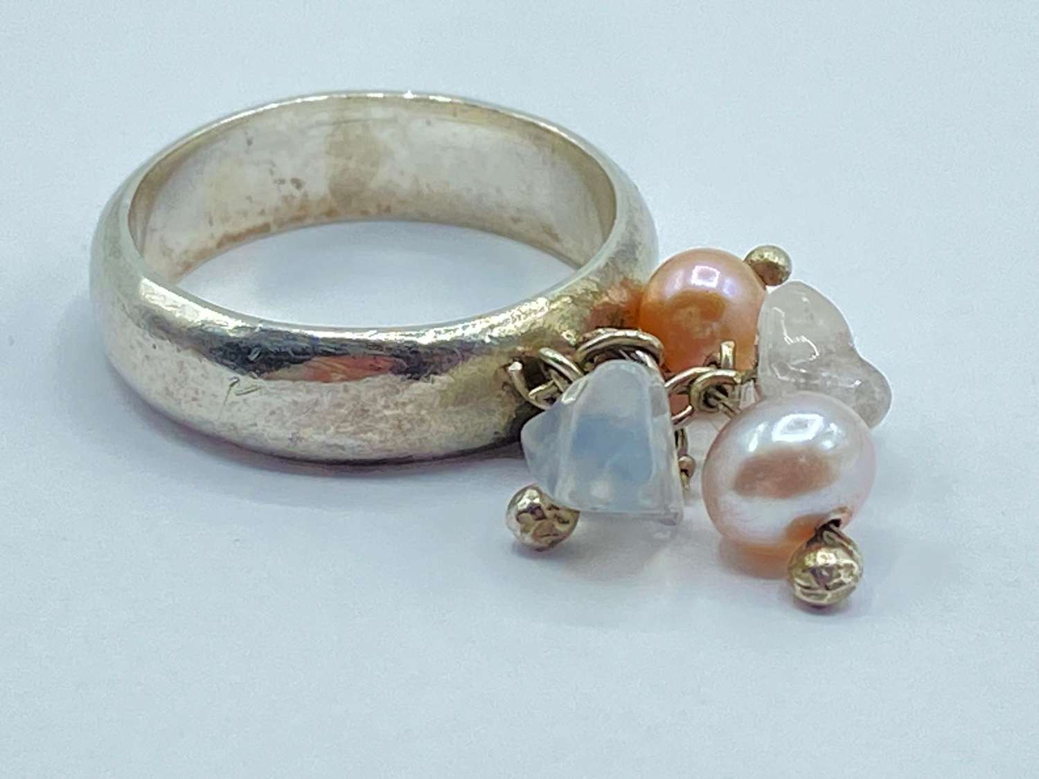 Beautiful Vintage Sterling Silver Dangle Gemstone Pearl & Quartz Ring