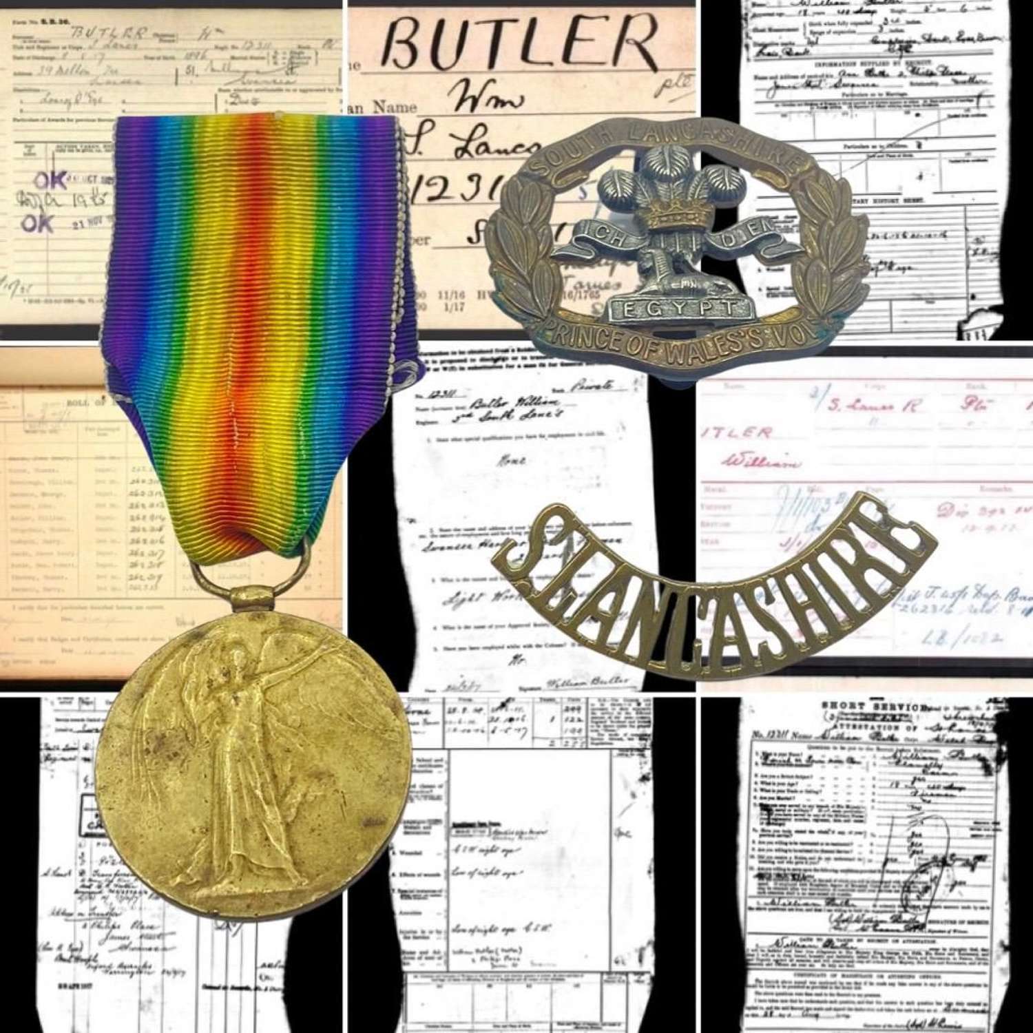 WW1 Victory Medal To Wounded Pte W Butler South Lancashire Regiment