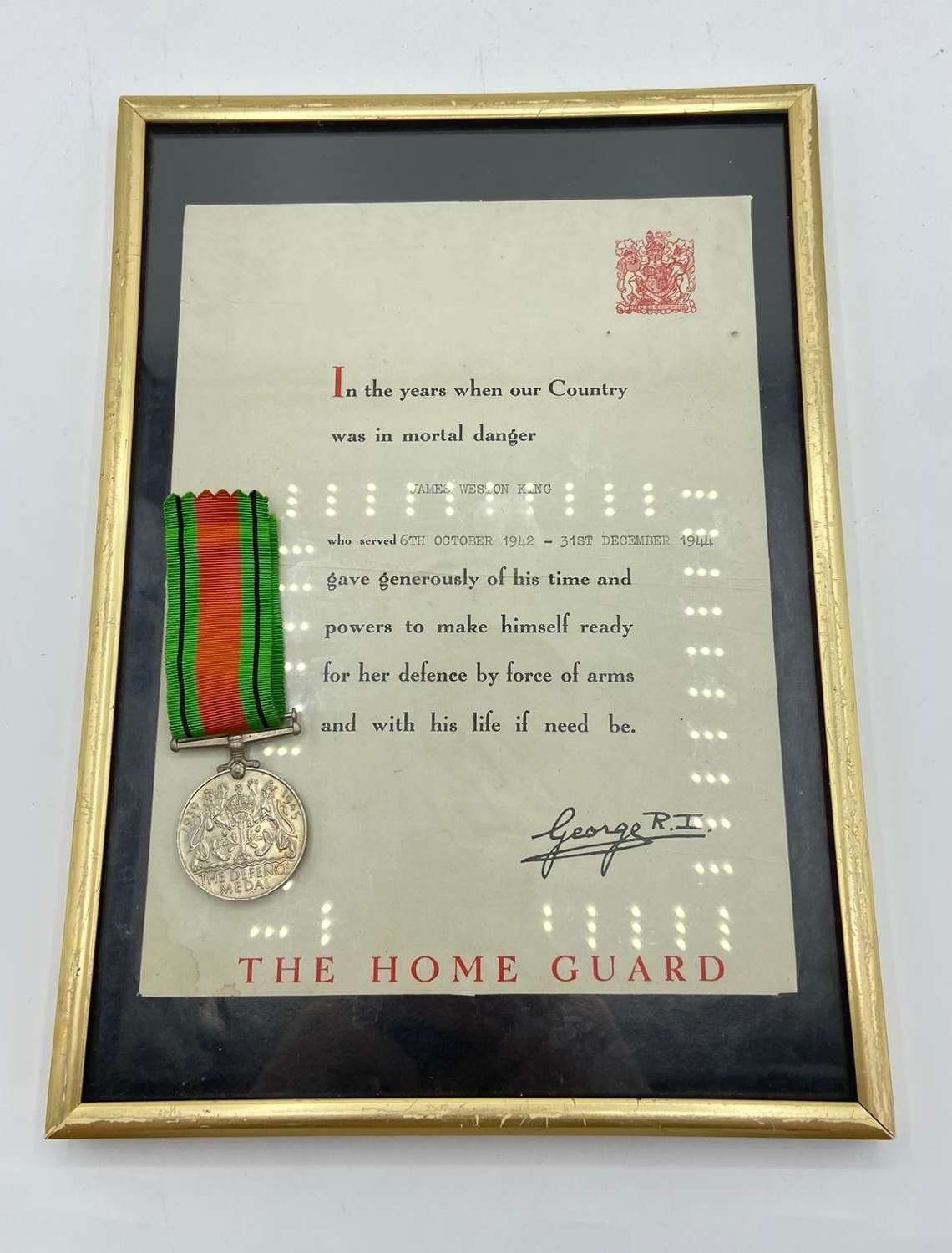 WW2 Home Guard Certificate Of Service & Defence Medal To James King