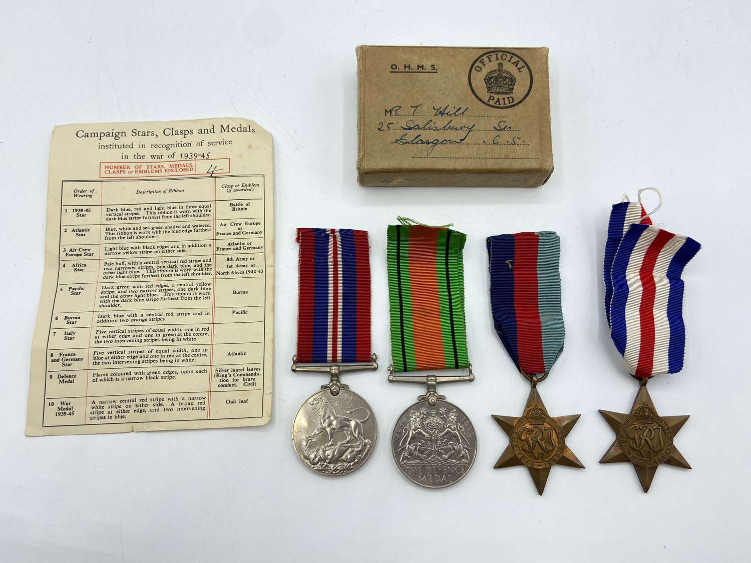 WW2 British Medal Group, Certificate & Box To Mr T Hill, Glasgow