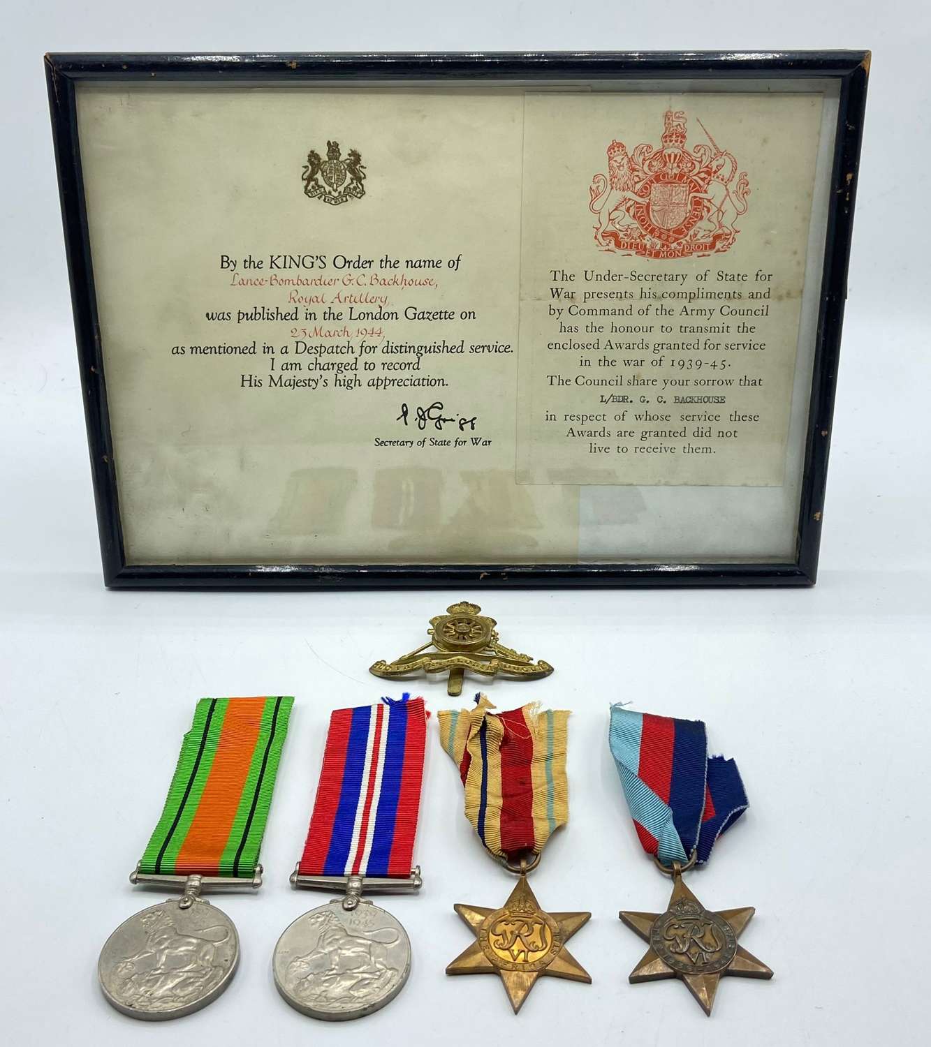 WW2 KIA Medal & Document Group To Lace-Bombardier G C Backhouse RA