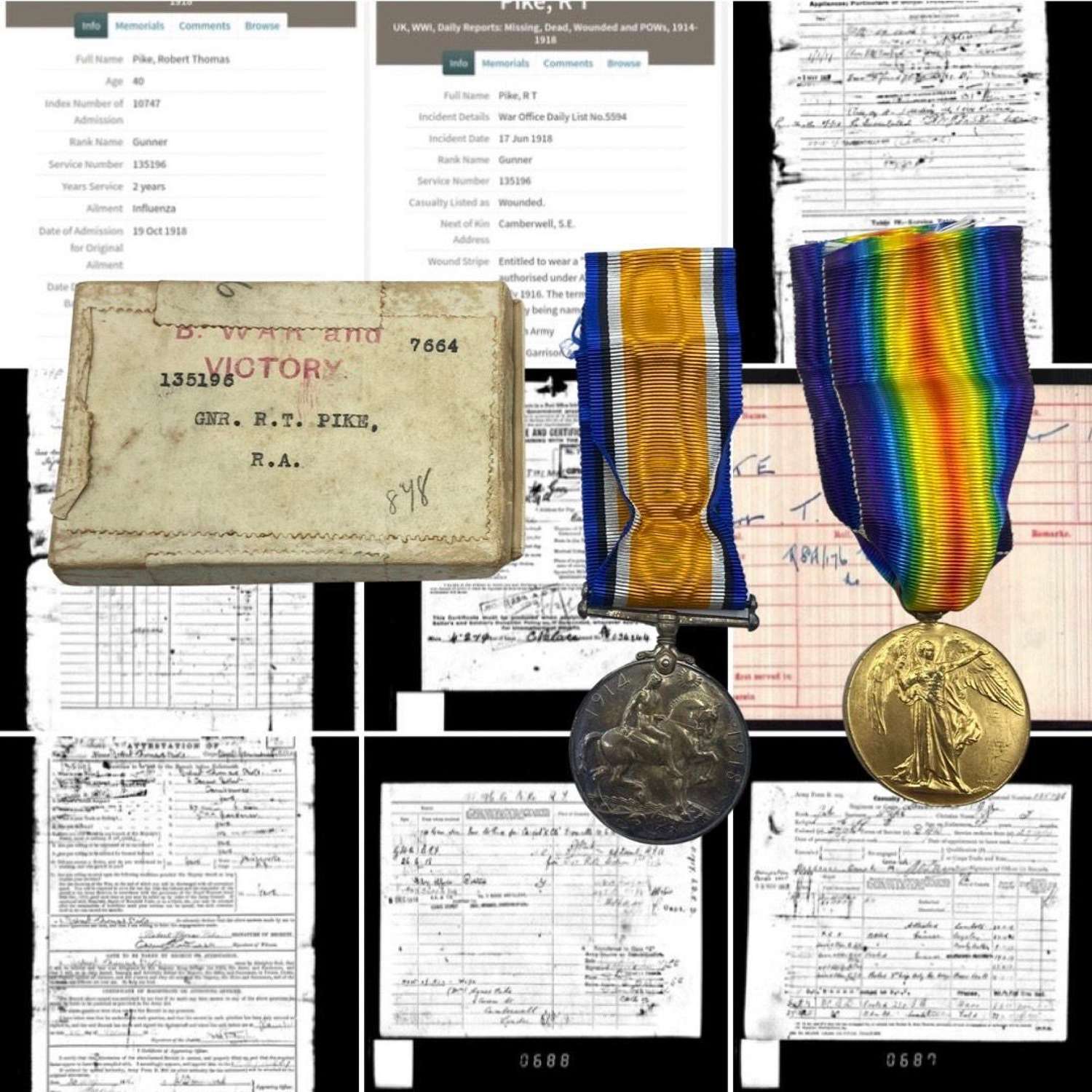 WW1 Medal Duo & Box Wounded Gnr R T Pike Royal Artillery & Tank Corps