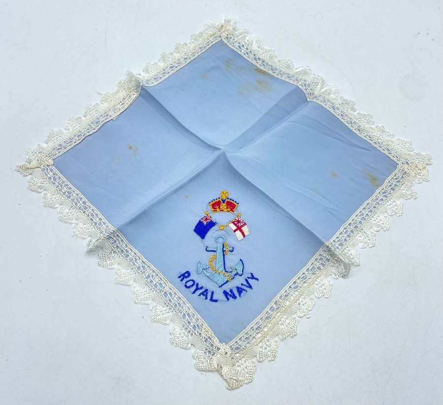 WW1 Embroidered Silk & Lace Royal Navy Sweethearts Handkerchief