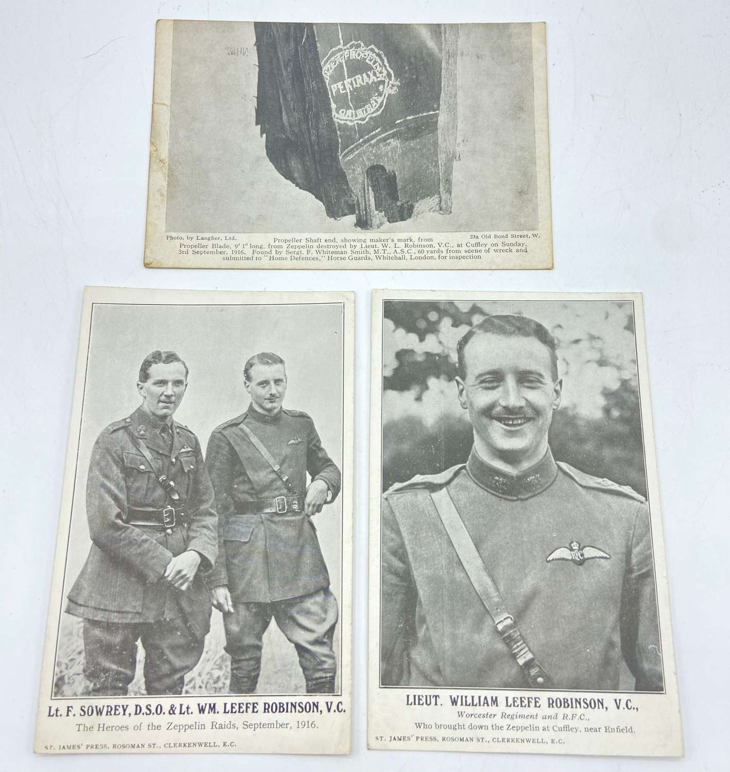 WW1 Heroes Of The Zeppelin Raids 1916 Lt W L Robinson Postcard Lot