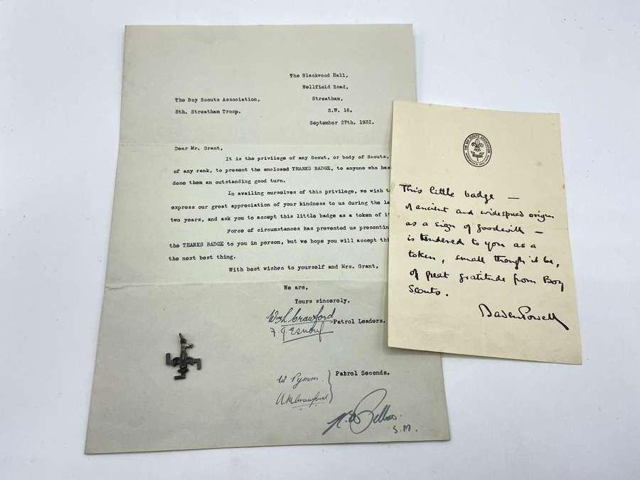 1930s Boys Scouts Flyfot Silver Thanks Award & Baden Signed Documents