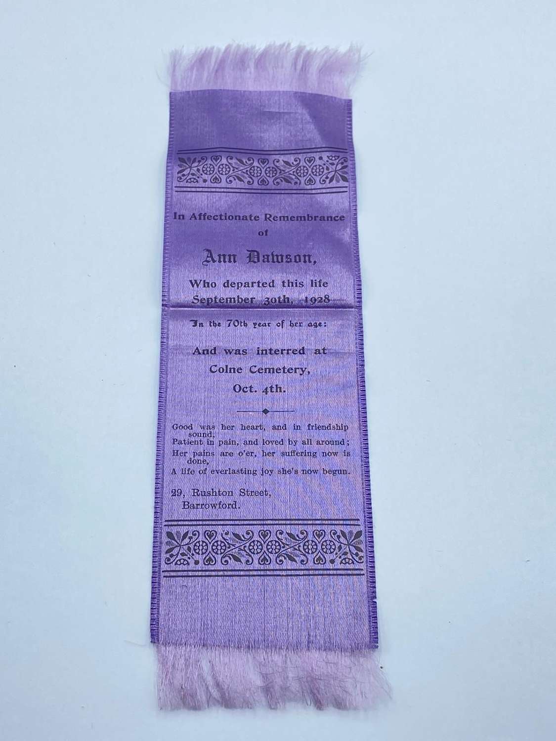 Antique Violet Silk Mourning Funeral Bookmark Ann Dawson 1928