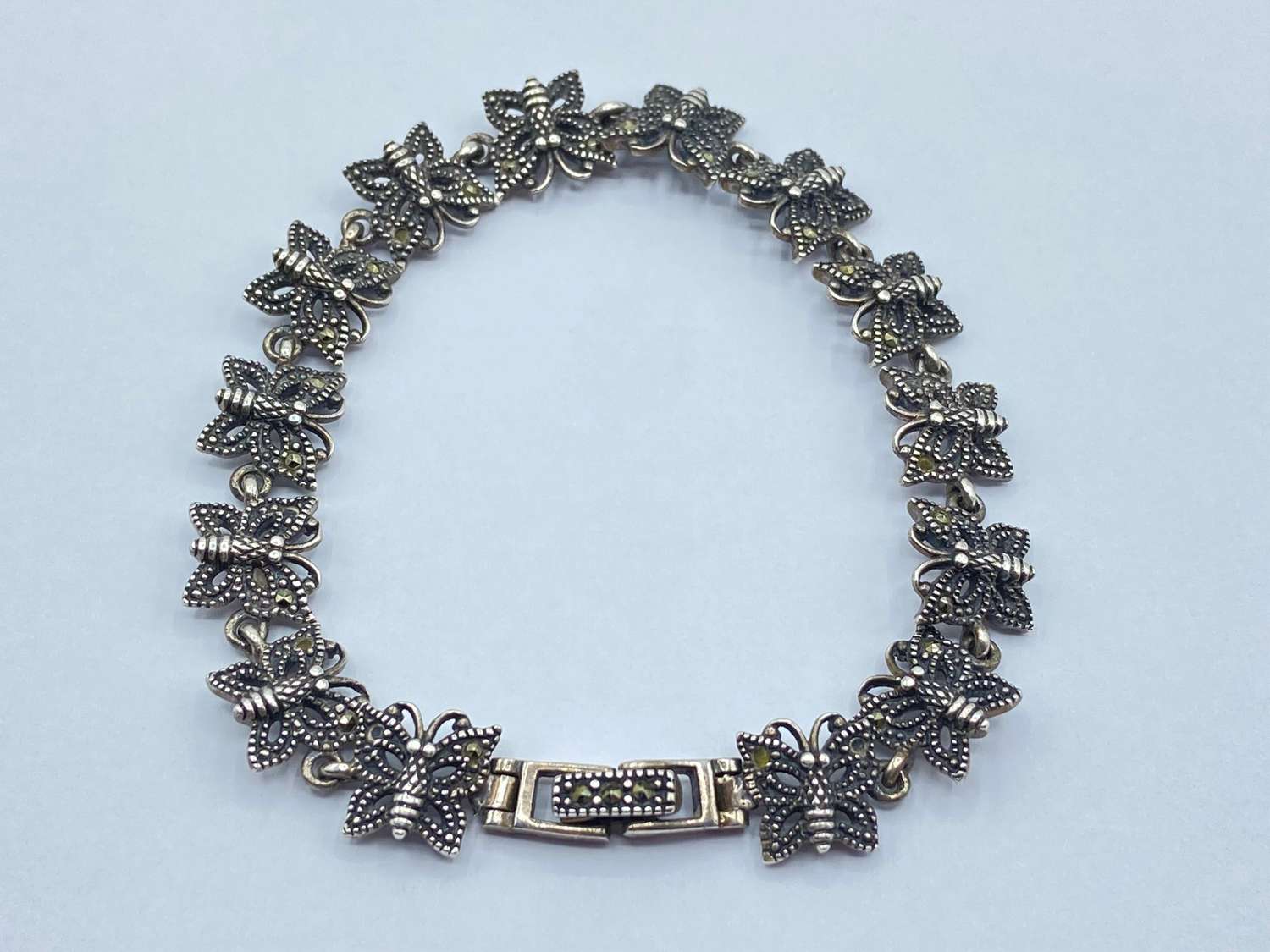 Vintage Sterling Silver Faceted Marcasite Gemstone Butterfly Bracelet
