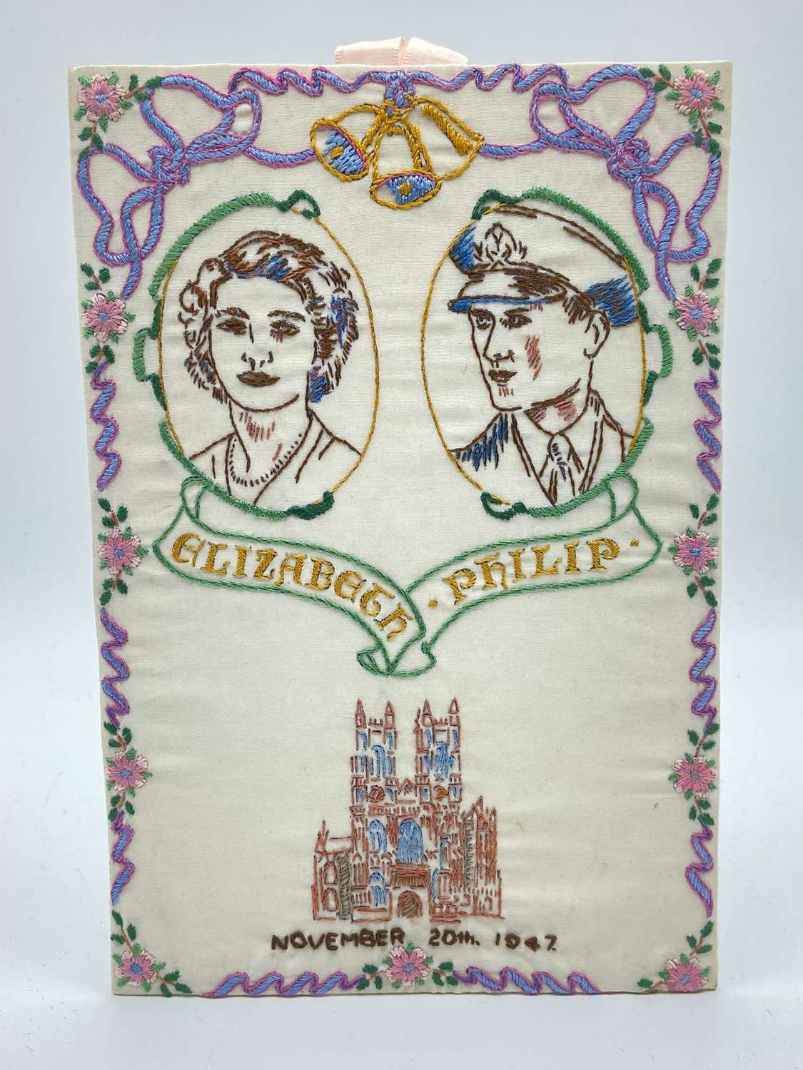 Vintage Princess Elizabeth & Philip Mountbatten 1947 Embroidered Panel