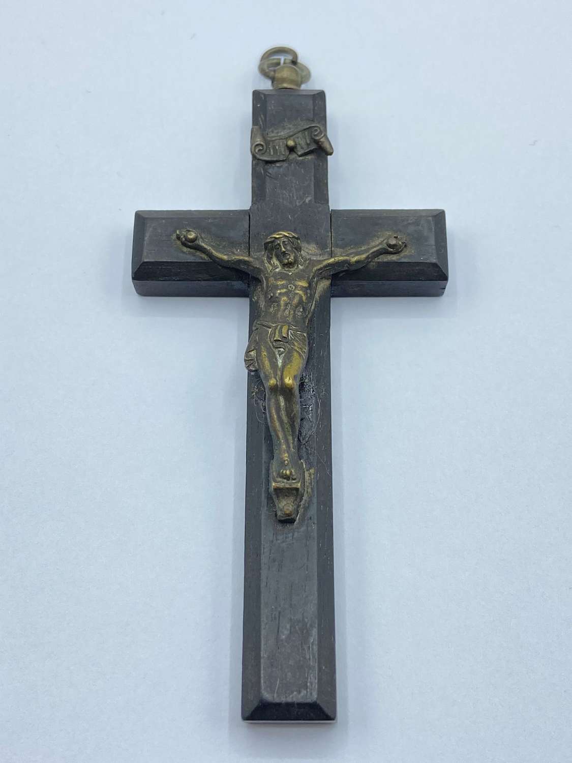 Antique 1890s Gothic Ebony & Brass Religious Pectoral Crucifix
