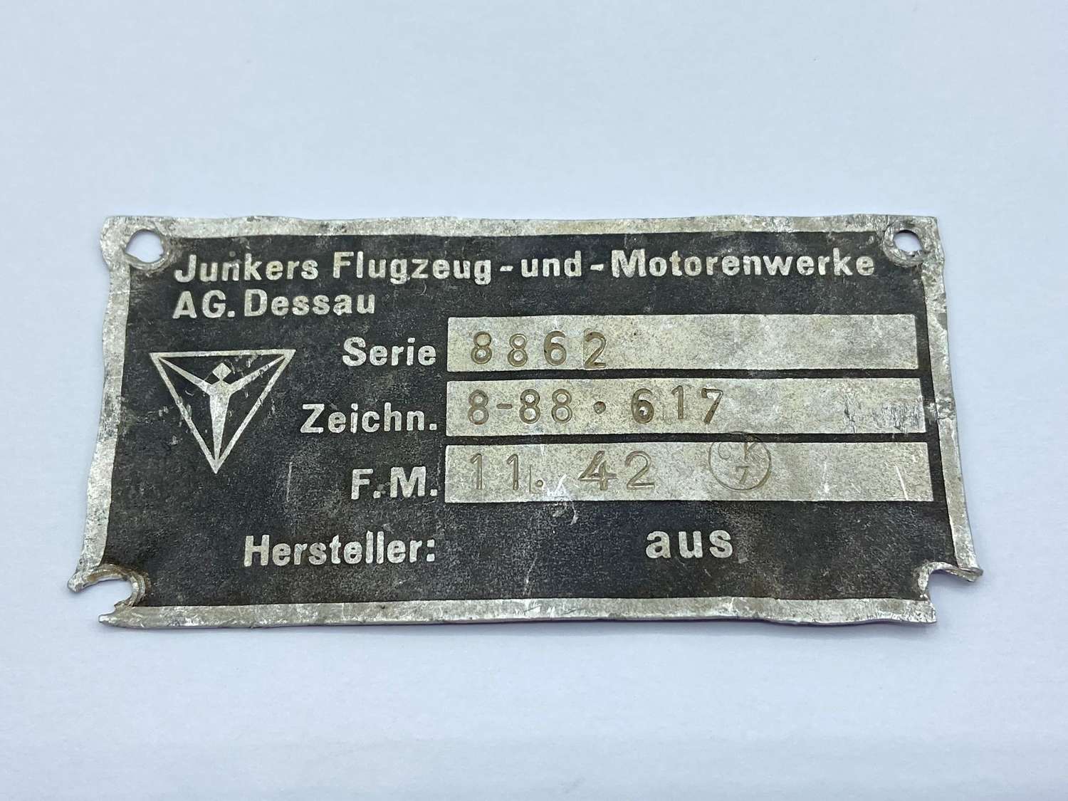 WW2 German Junkers Ju 88 Luftwaffe Engine Data Plate Junkers Flugzeug