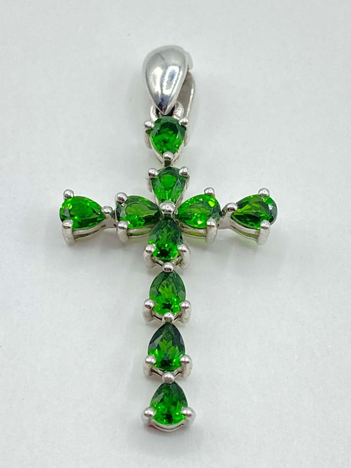 Vintage Sterling Silver & Green Chrome Diopside Cross Pendant