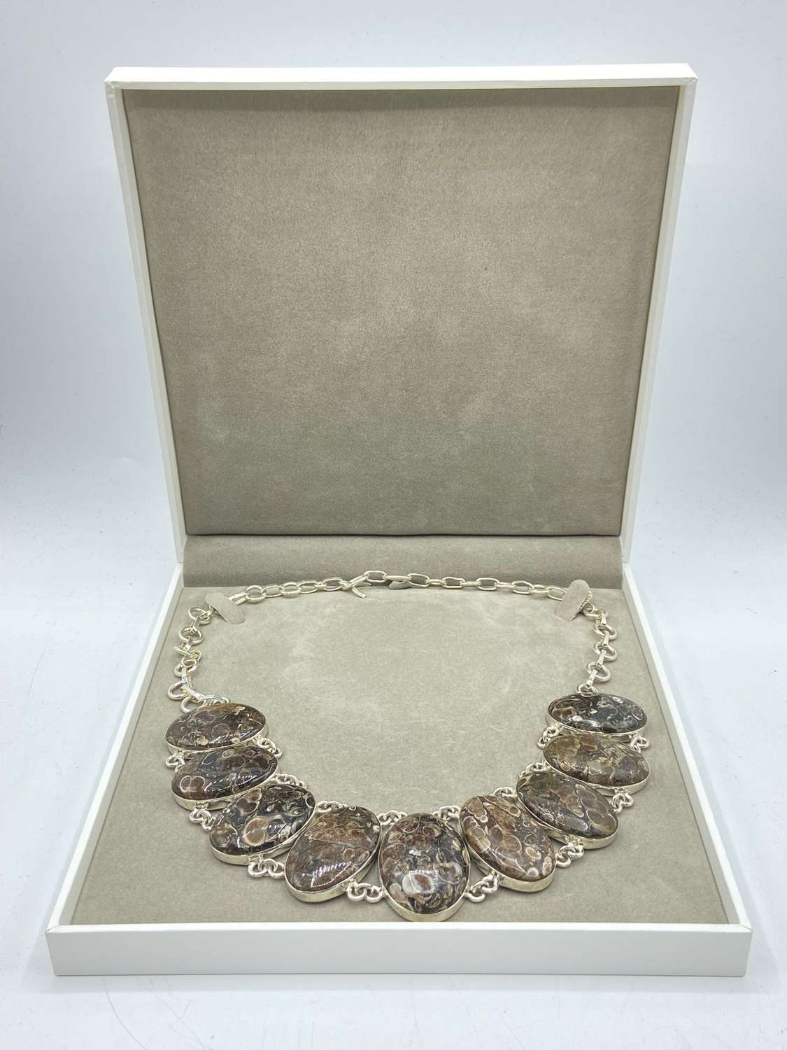Beautiful Sterling Silver & Polished Turritella Agate Necklace & Case