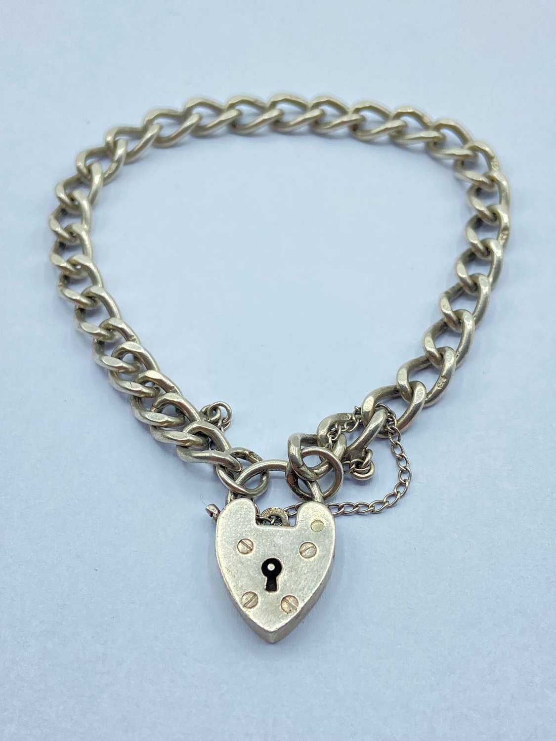 Vintage Sterling Silver Curb Chain & Heart Padlock Bracelet By G J Ltd