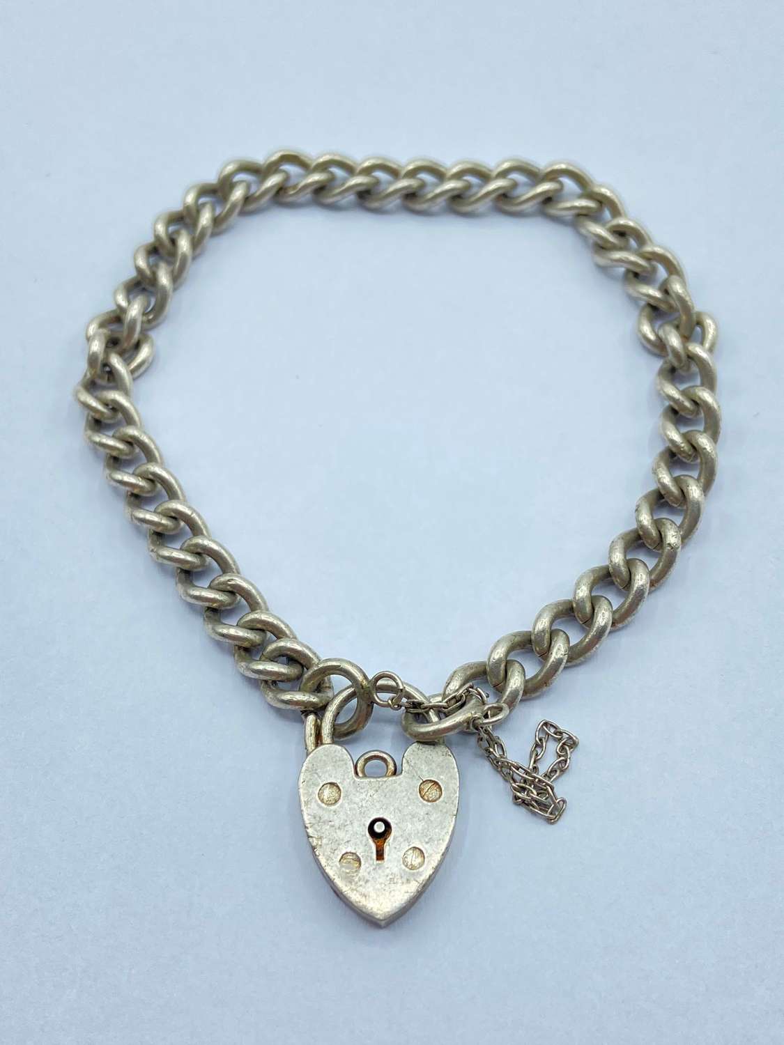 Vintage Silver Hallmarked Curb Chain & Heart Padlock Bracelet