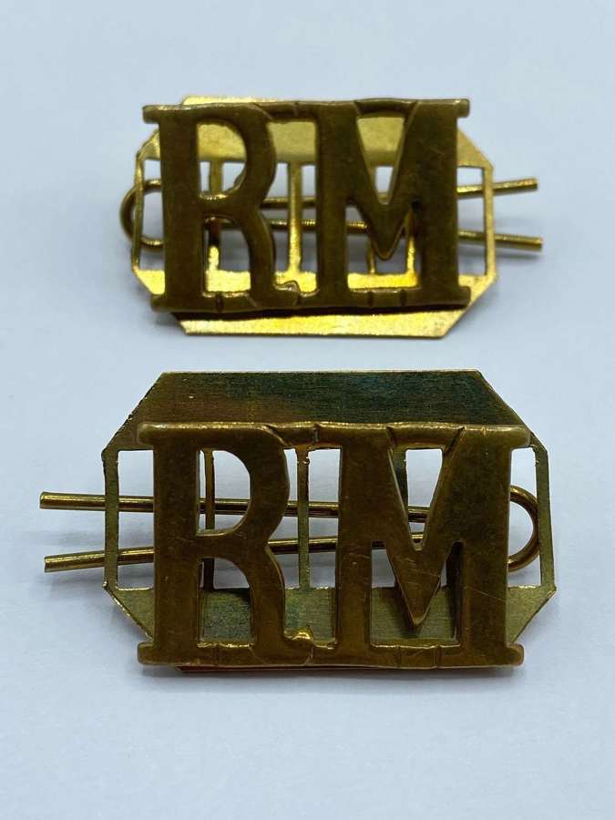 Pair Of WW2 Period British Brass Royal Marines Shoulder Titles & Backs