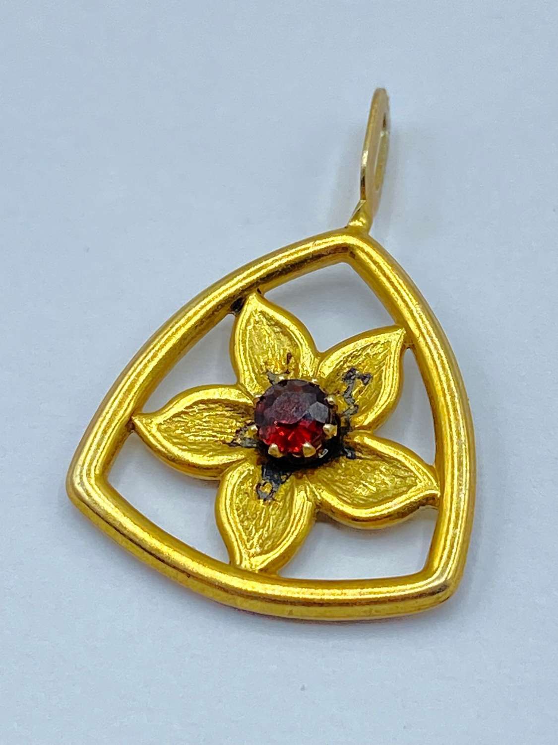 Vintage Gold Plated Silver & Red Rhinestone Flower Necklace Pendant