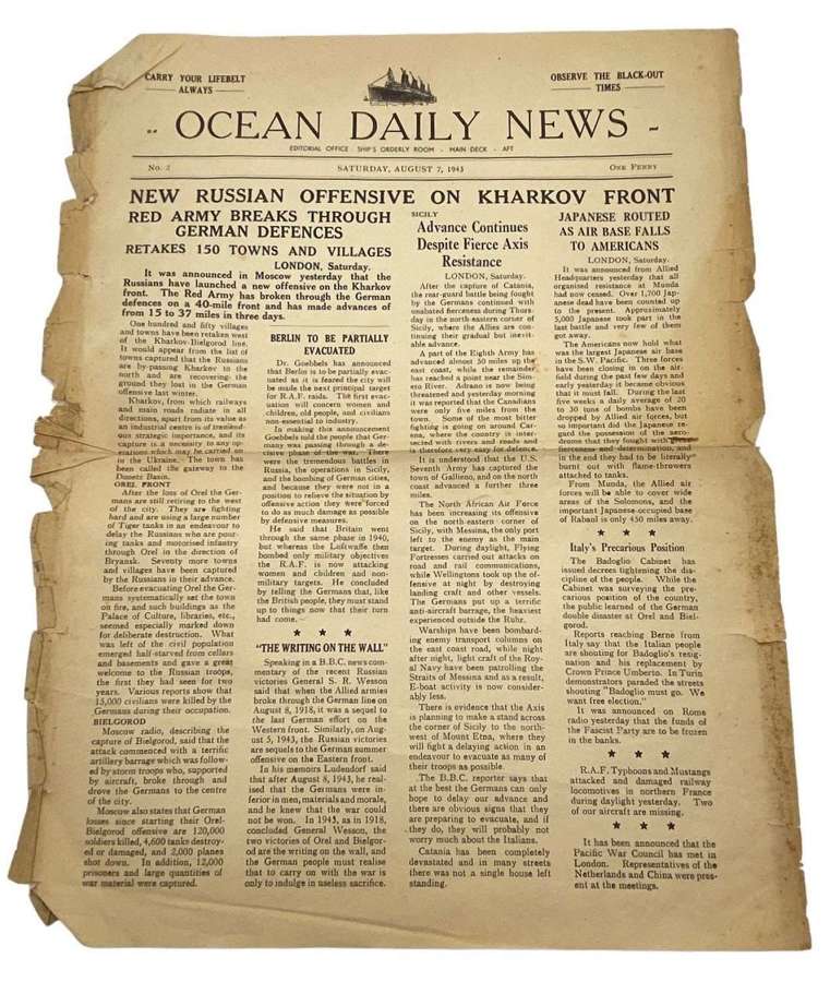 WW2 Ocean Daily News Queen Mary Single Sheet Newspaper August 1943