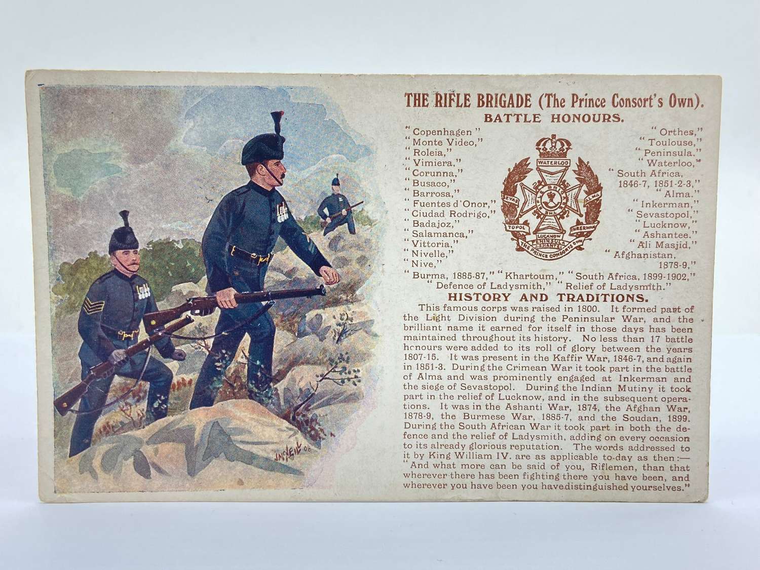 WW1 The Rifle Corps (The Prince Consorts Own) Battle Honours Postcard