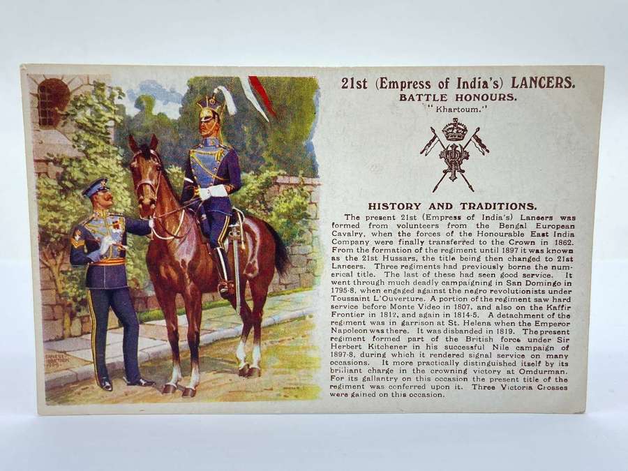 WW1 21st (Empress Of India’s Lancers) Battle Honours Postcard