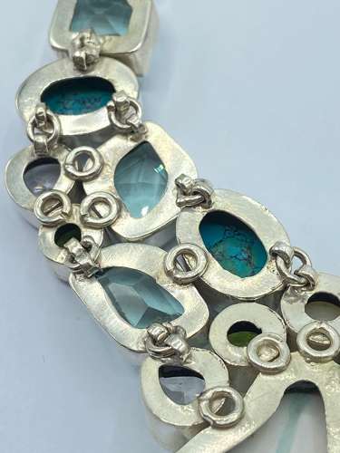 Beautiful Chunky Sterling Silver & Faceted Multi Gemstone Necklace