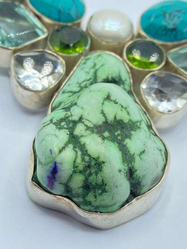 Beautiful Chunky Sterling Silver & Faceted Multi Gemstone Necklace