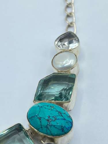 Beautiful Chunky Sterling Silver & Faceted Multi Gemstone Necklace