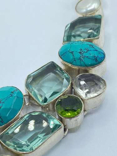 Beautiful Chunky Sterling Silver & Faceted Multi Gemstone Necklace