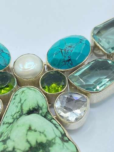 Beautiful Chunky Sterling Silver & Faceted Multi Gemstone Necklace
