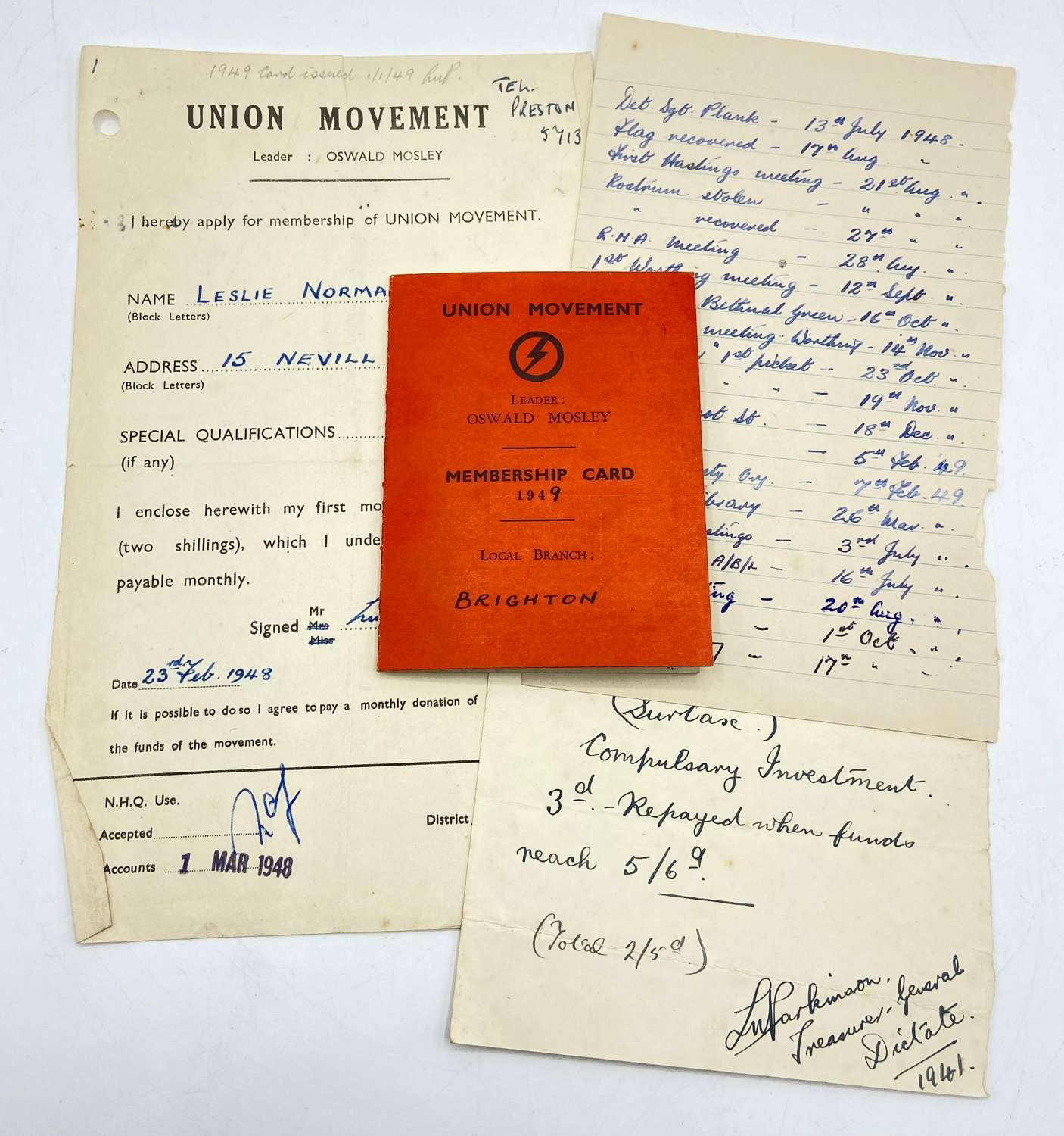 1949 Oswald Mosleys Union Movement Membership Card & Documents