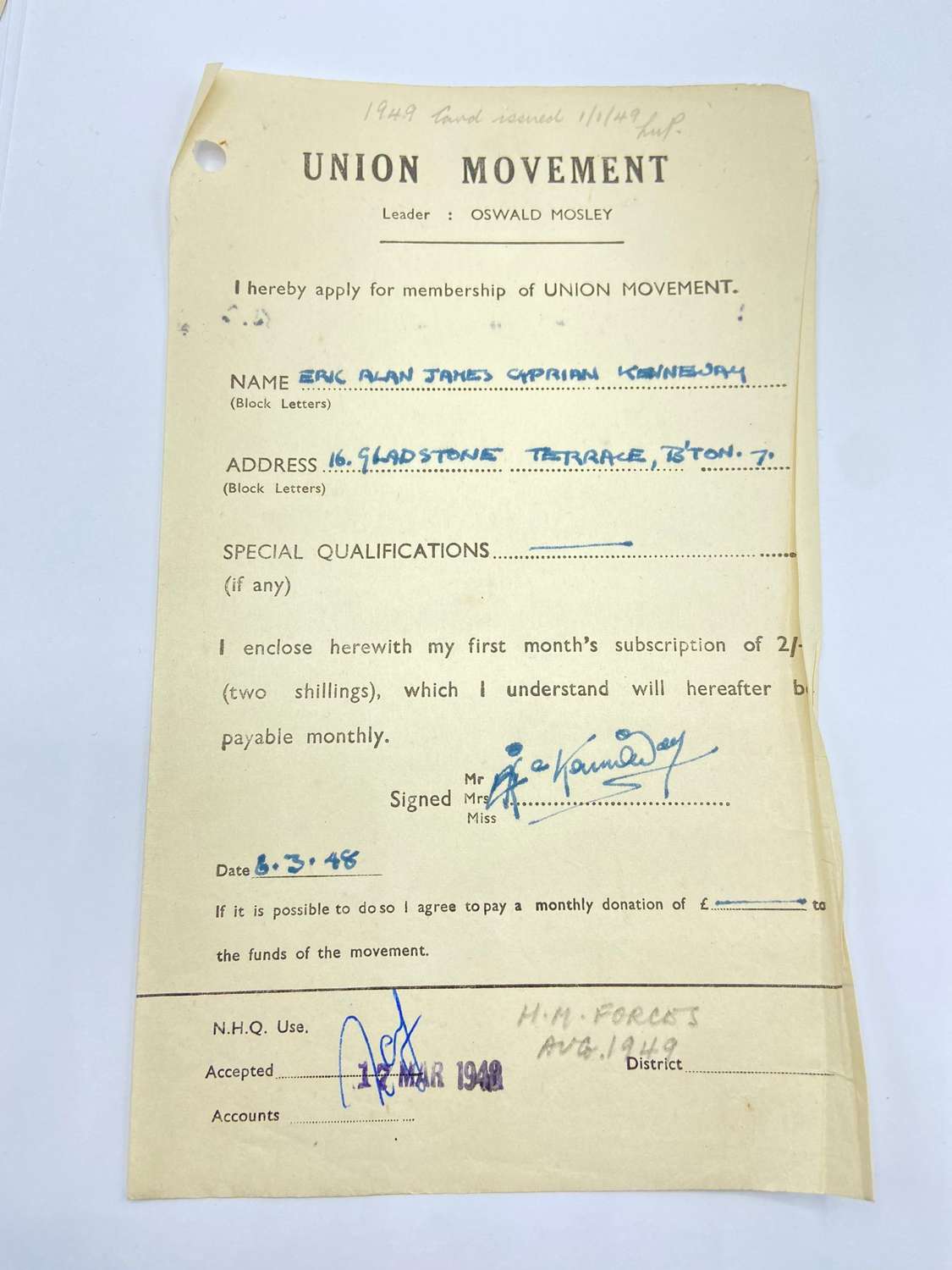 1948 Brighton Union Movement Application Form- Leslie Jones
