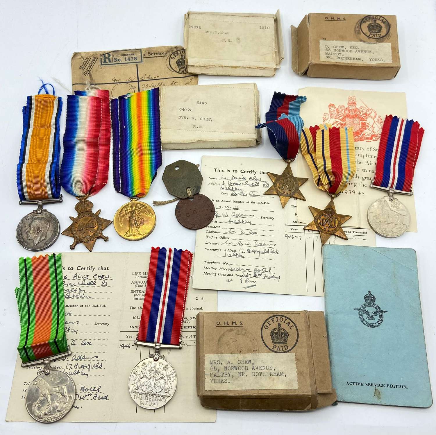 WW1 & WW2 Medal & Document Group To The Chew Family, RE, RAF & WRAF