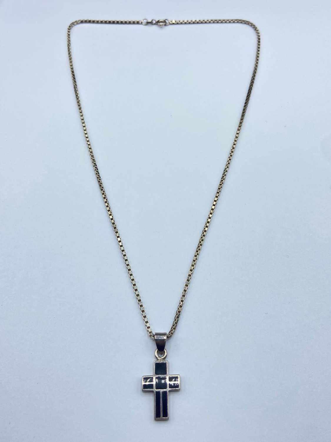 Vintage Sterling Silver Box Chain & Black Enamel Cross Necklace