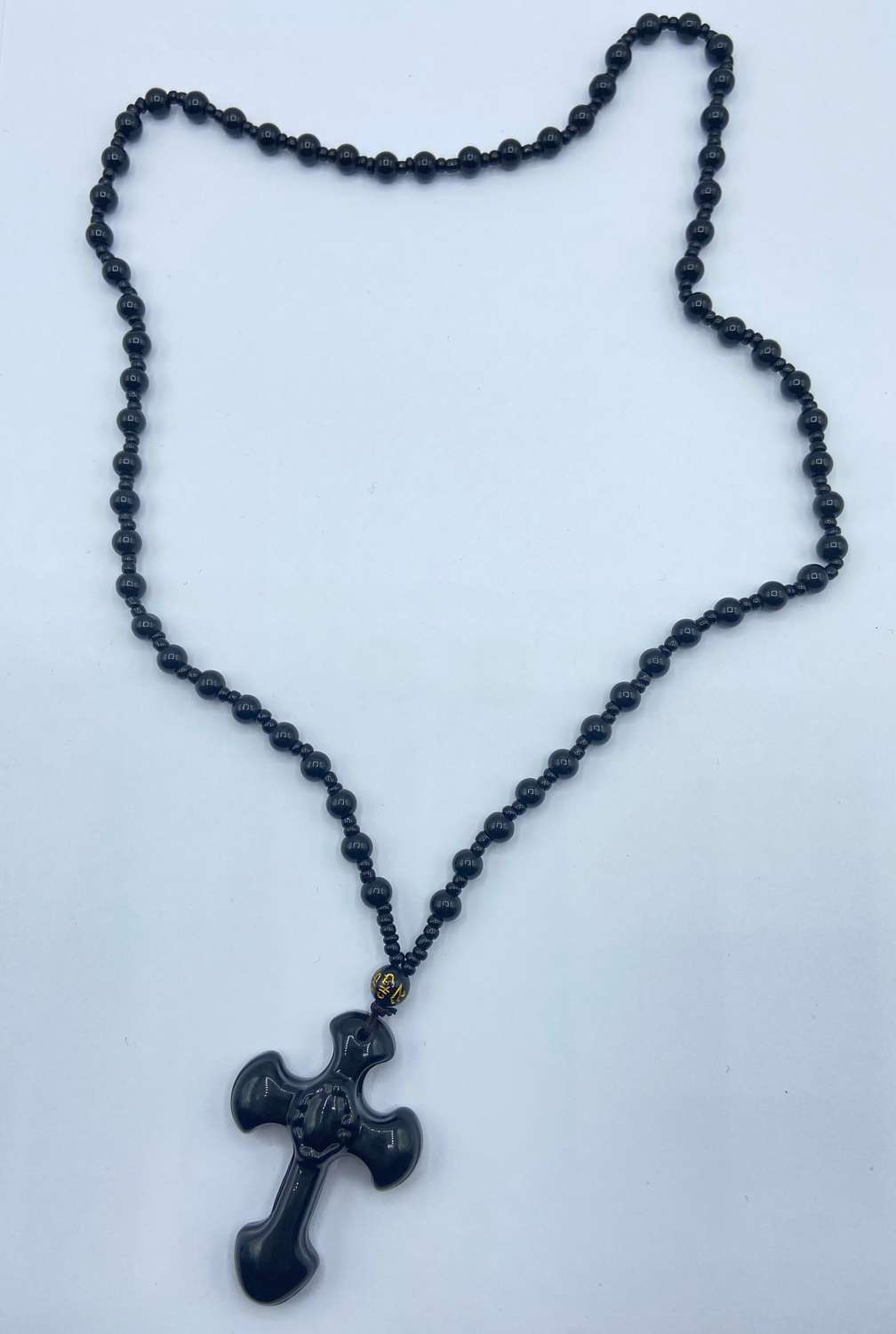 Vintage Black Obsidian Religious Cross Beaded Gothic Necklace