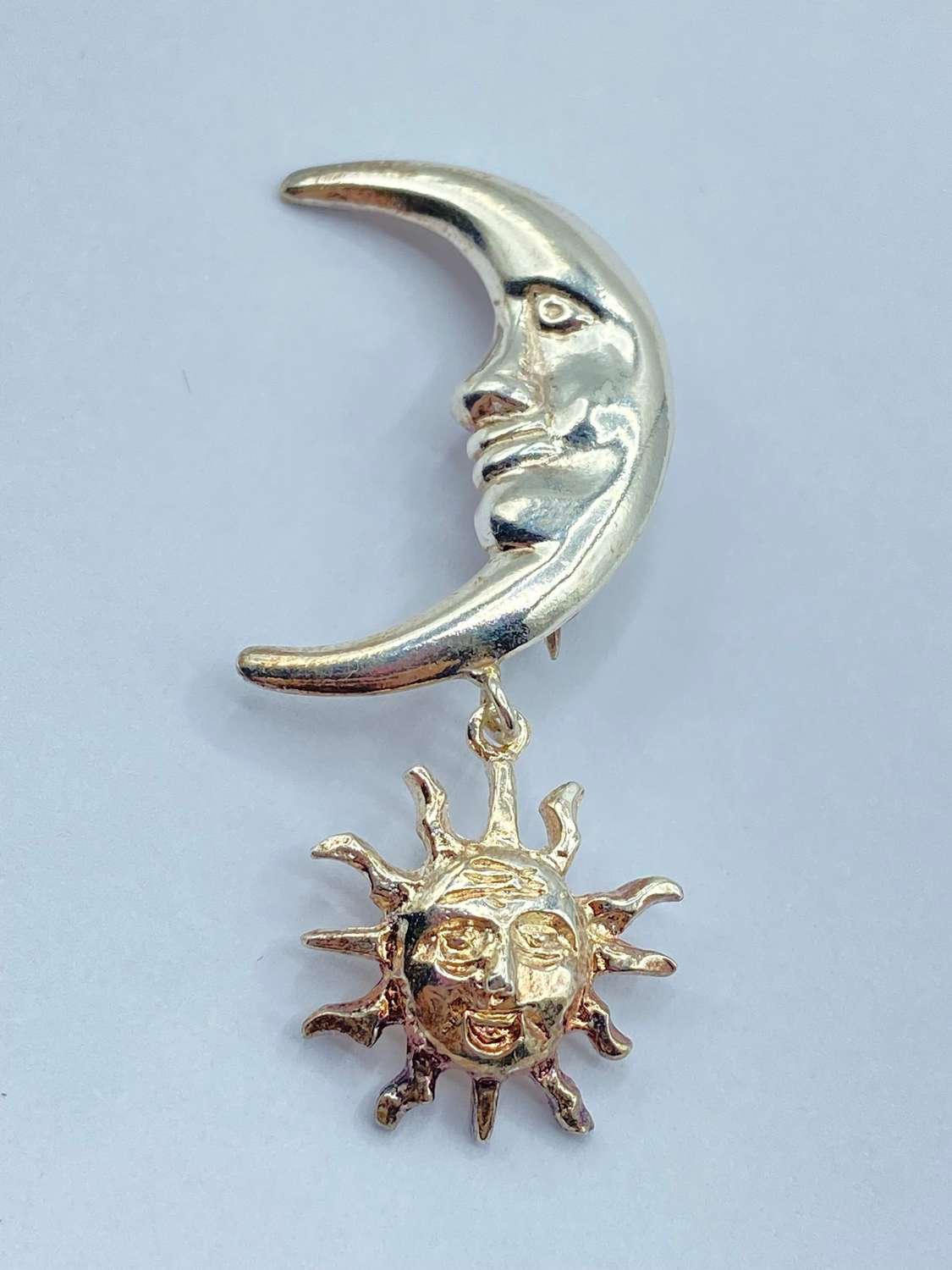 Vintage Sterling Silver Man In The Moon Crescent Moon & Sun Brooch