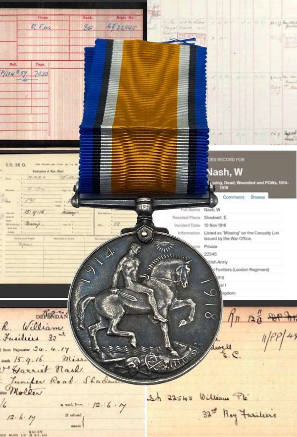 WW1 British War Medal To KIA Pte W Nash 32nd Bn Royal Fusiliers