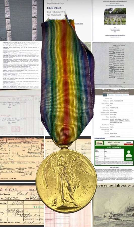 Rare WW1 Victory Medal To Drowned Pte F E Gyde, Torpedoed RMS Leinster