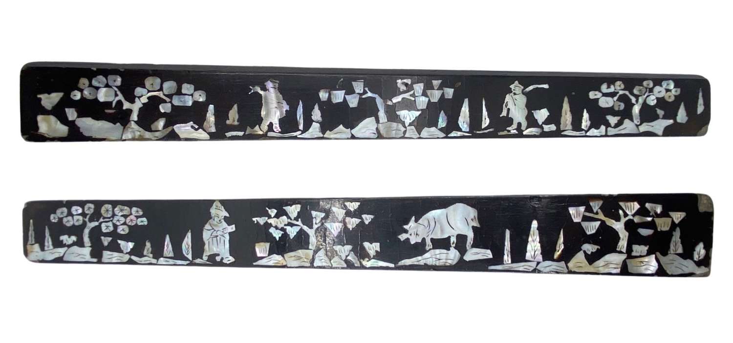 Antique 1920s Chinese Black Lacquered & Carved Mother Of Pearl Ruler