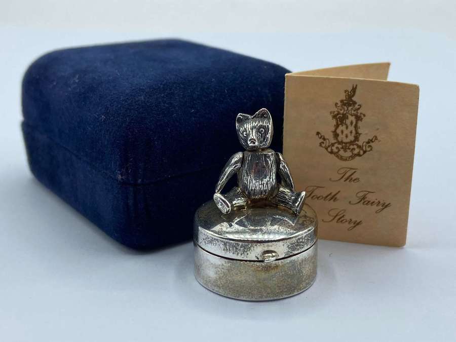 Vintage Silver Articulated Teddy Bear Baby’s 1st Tooth Keepsake & Box
