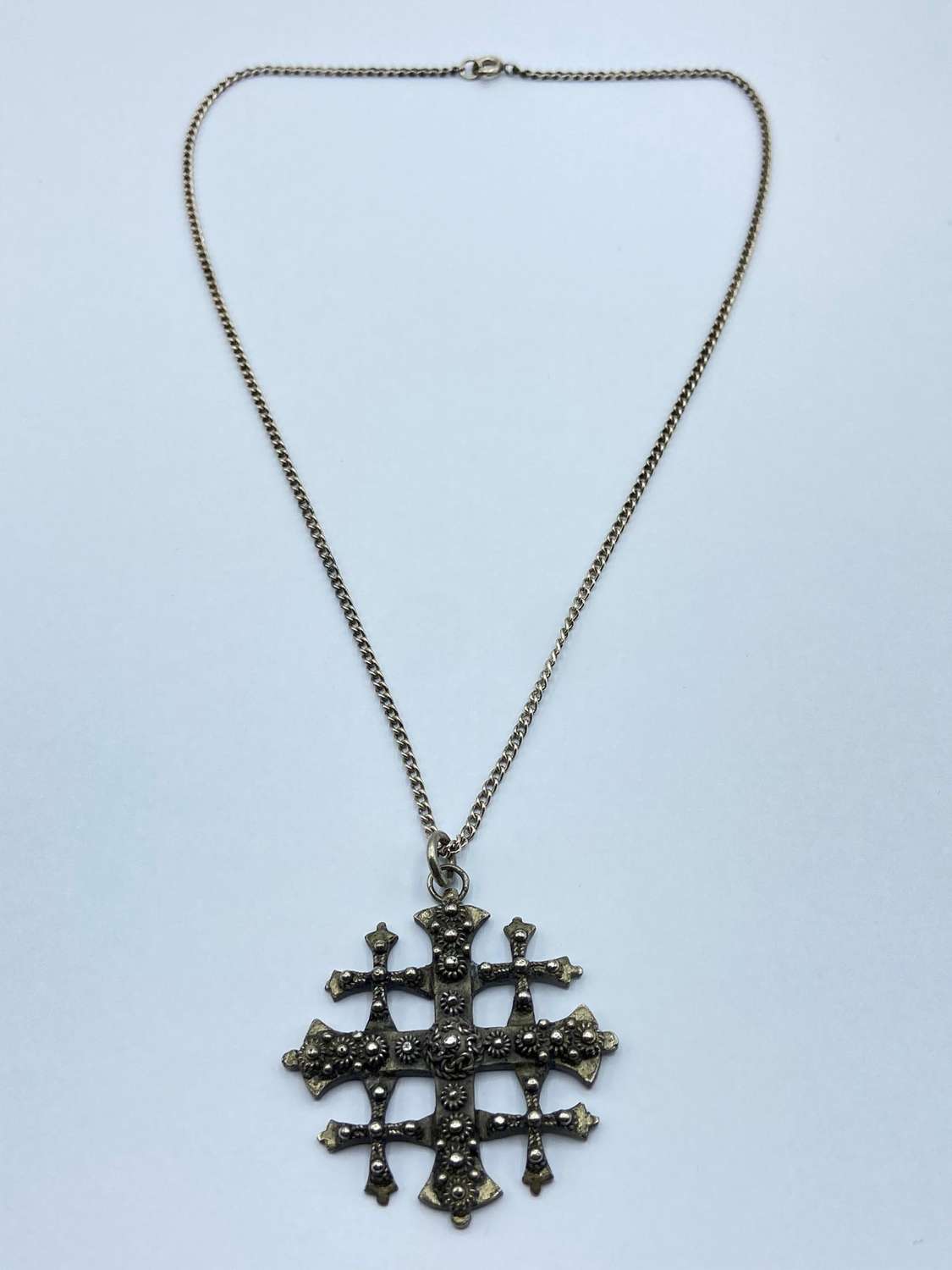 Antique Sterling Silver Jerusalem Jordan Crusader Cross Necklace