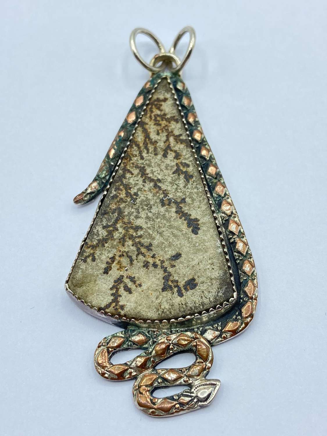 Vintage Sterling Silver Snake & Fossilised Plant Necklace Pendant