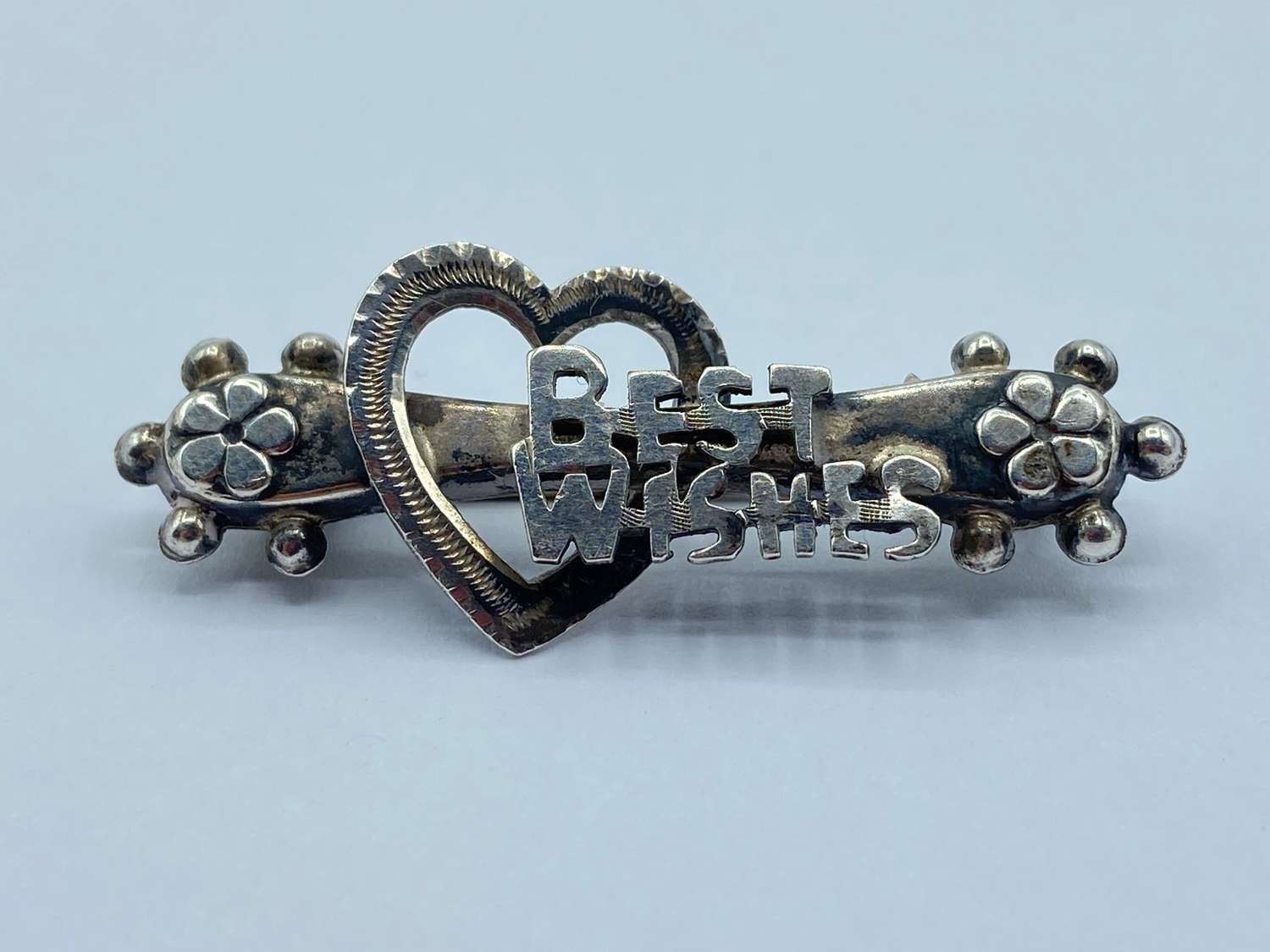 Antique Sterling Silver Heart & Florally Decorated Best Wishes Brooch