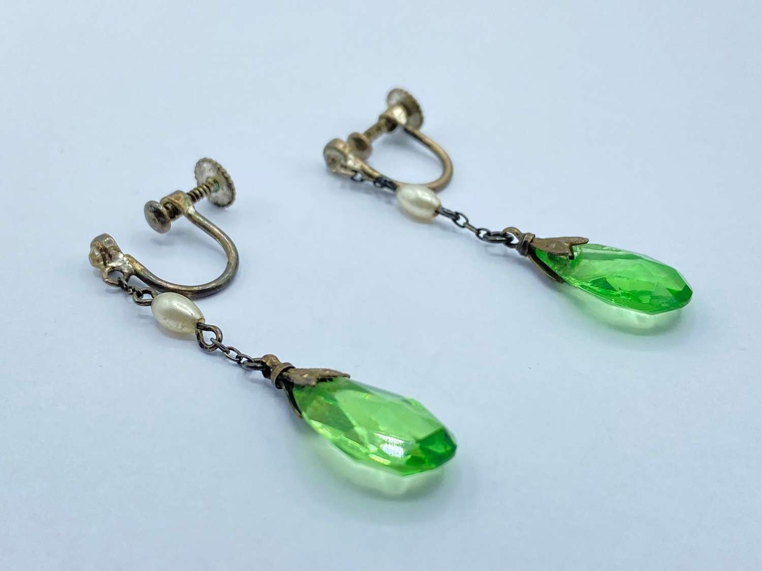 Vintage Silver, Faceted Green Glass, Pearl & Rhinestone Earrings