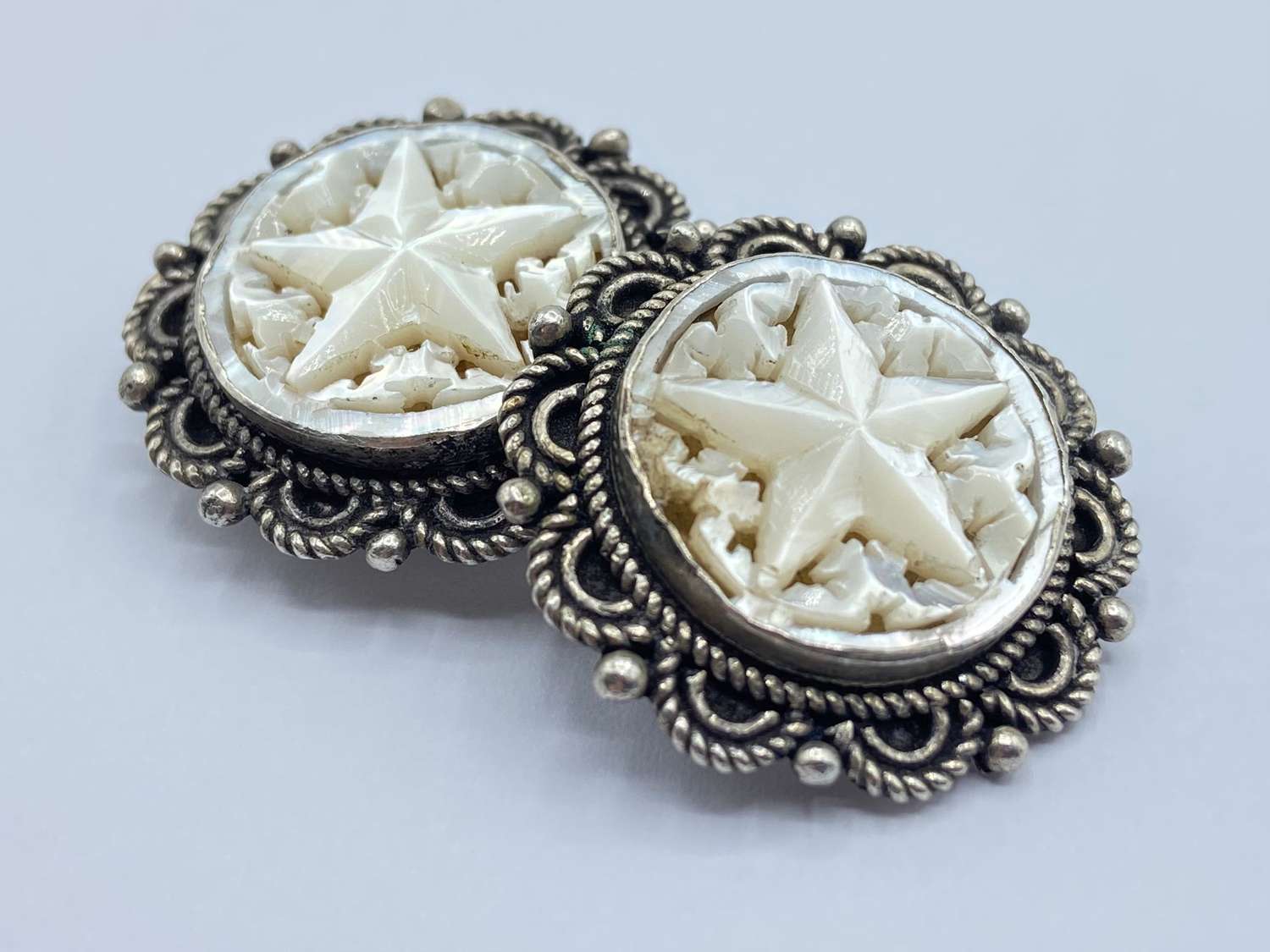 Vintage Silver & Carved Mother Of Pearl Jerusalem Clip On Earrings