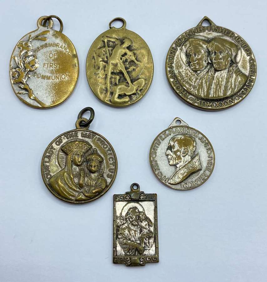Antique 1920s Silver Plated Religious Catholic Pendants Lot Of 6