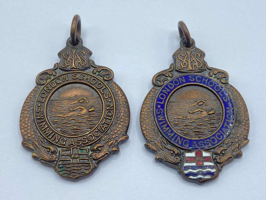 Antique 1929 London Schools Swimming Association Medal Pair To A Clark