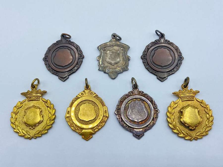 Antique Collection Of Un-Named Medal Bronze Silver & Gold Medal Fobs