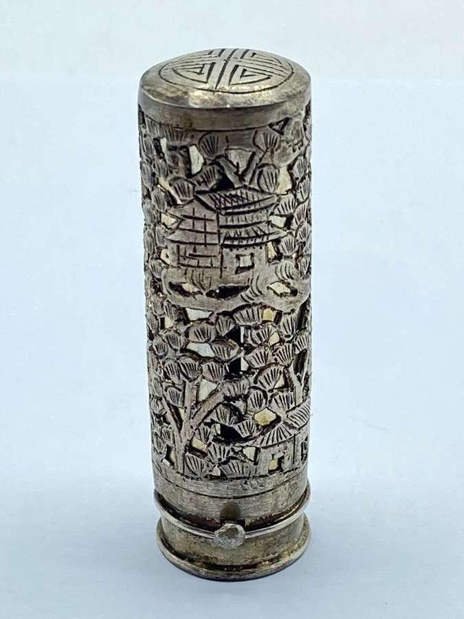 Antique Chinese Export Silver Carved Scenic Lipstick Holder