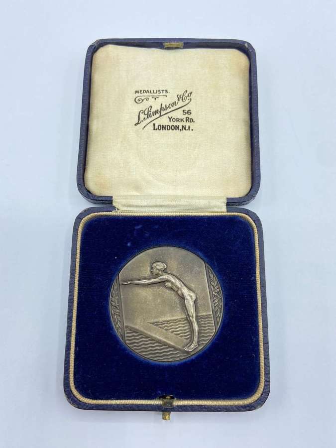 Antique Boxed Fine Silver 990 Marked 1928 Swimming Medal To A Saunders