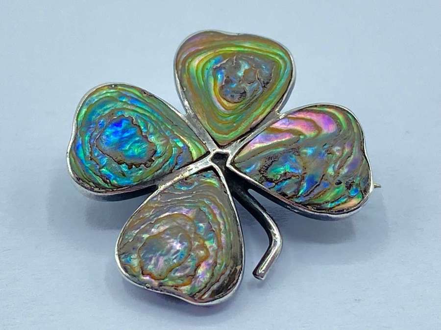 Beautiful Vintage Sterling Silver & Abalone Four Leaf Clover Brooch