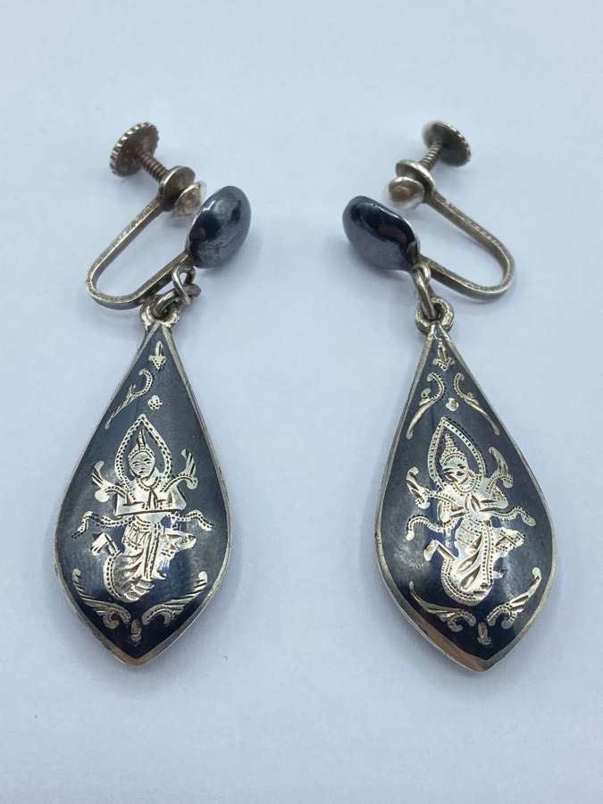 Vintage Pair Of Sterling Silver & Enamel Siam Dancer Earrings